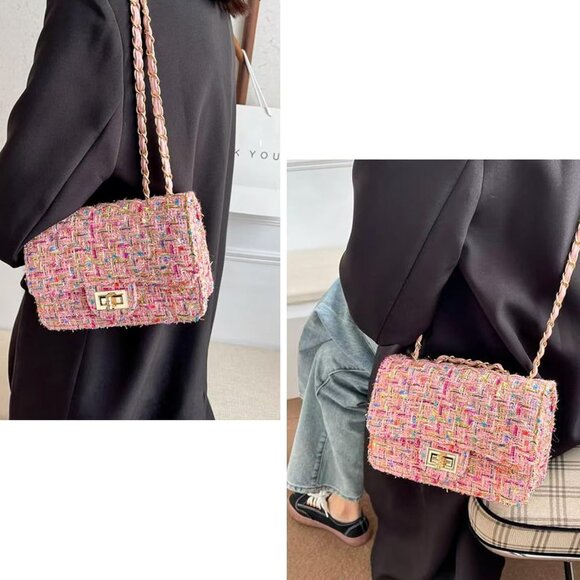 Crossbody Shoulder Bag Women Tweed PU Leather Small Purse Evening Satchel - Picture 5 of 6